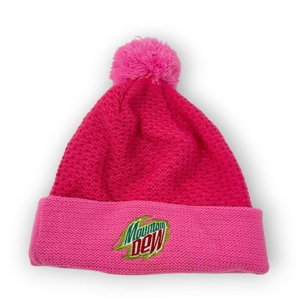 Mountain Dew Winter Pom Pom Beanie Hat Logo Pink OSFM One Size Chaos Brand